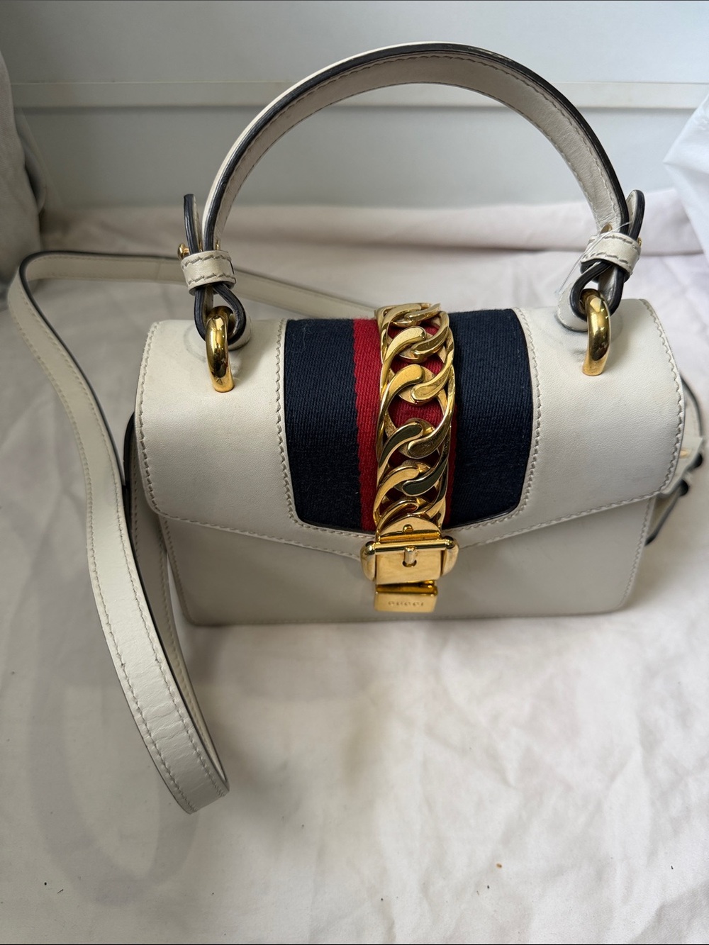 Gucci White Leather Top-Handle Satchel with Navy and Red Stripe & Gold Chain